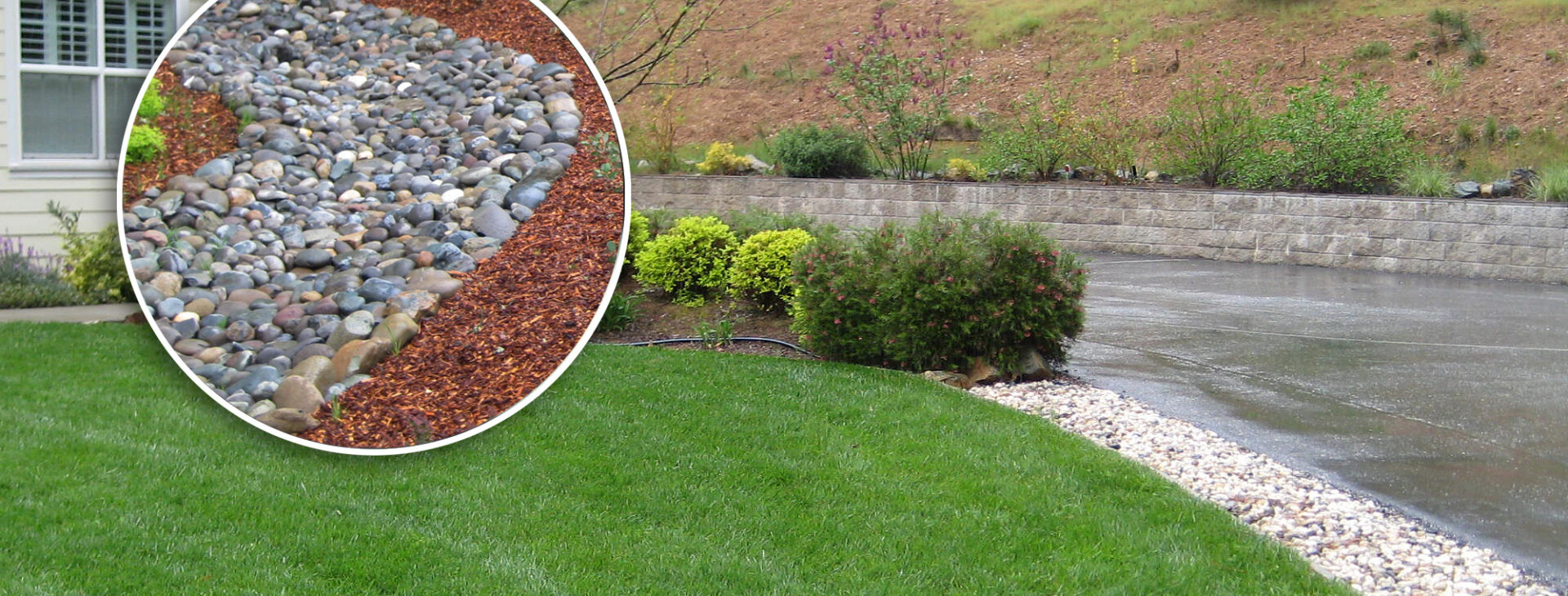 Storm drainage rock used for winter storm rain runoff, by Weiss Landscaping, serving Northern California.